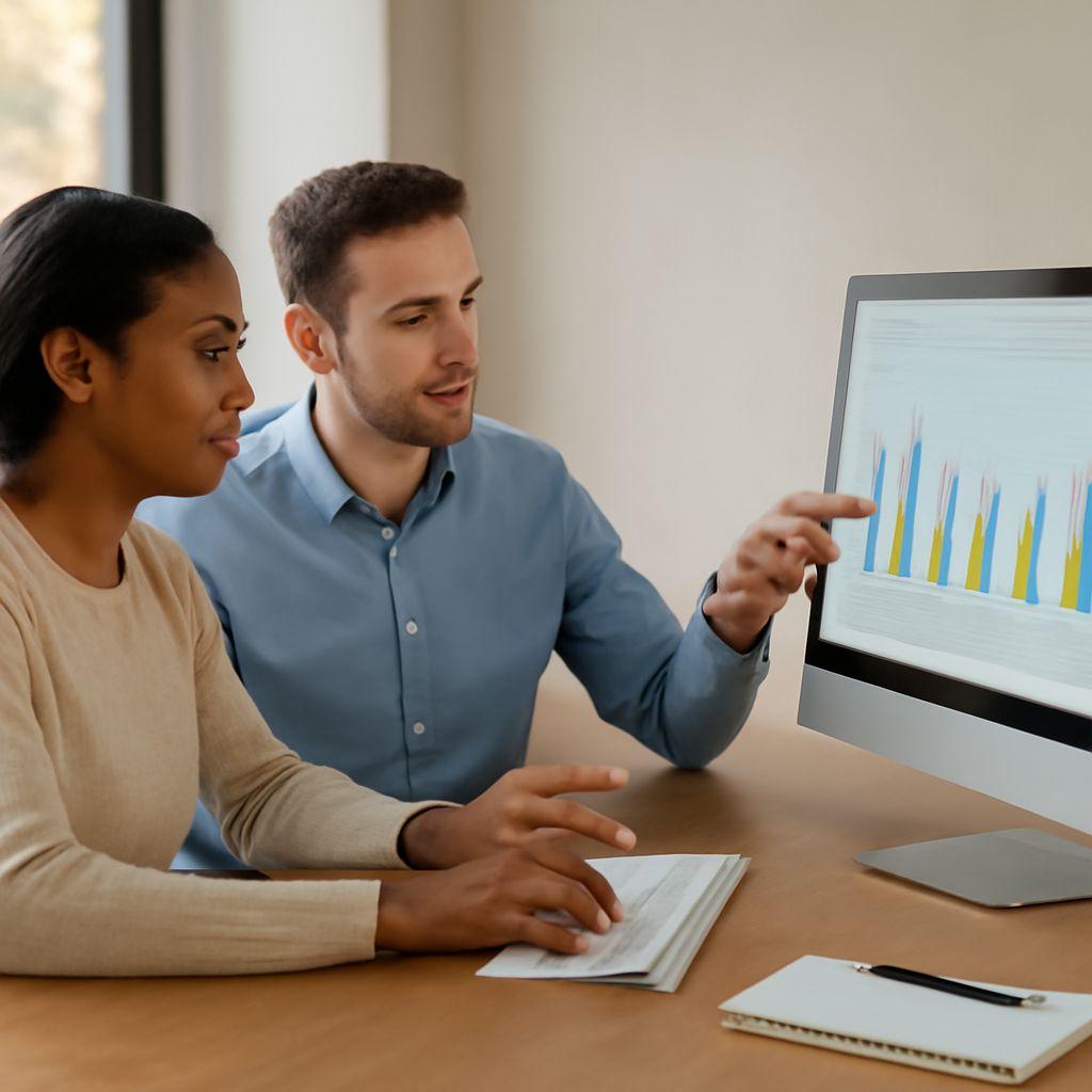 Project accountant reviewing a project budget, actuals, and forecast