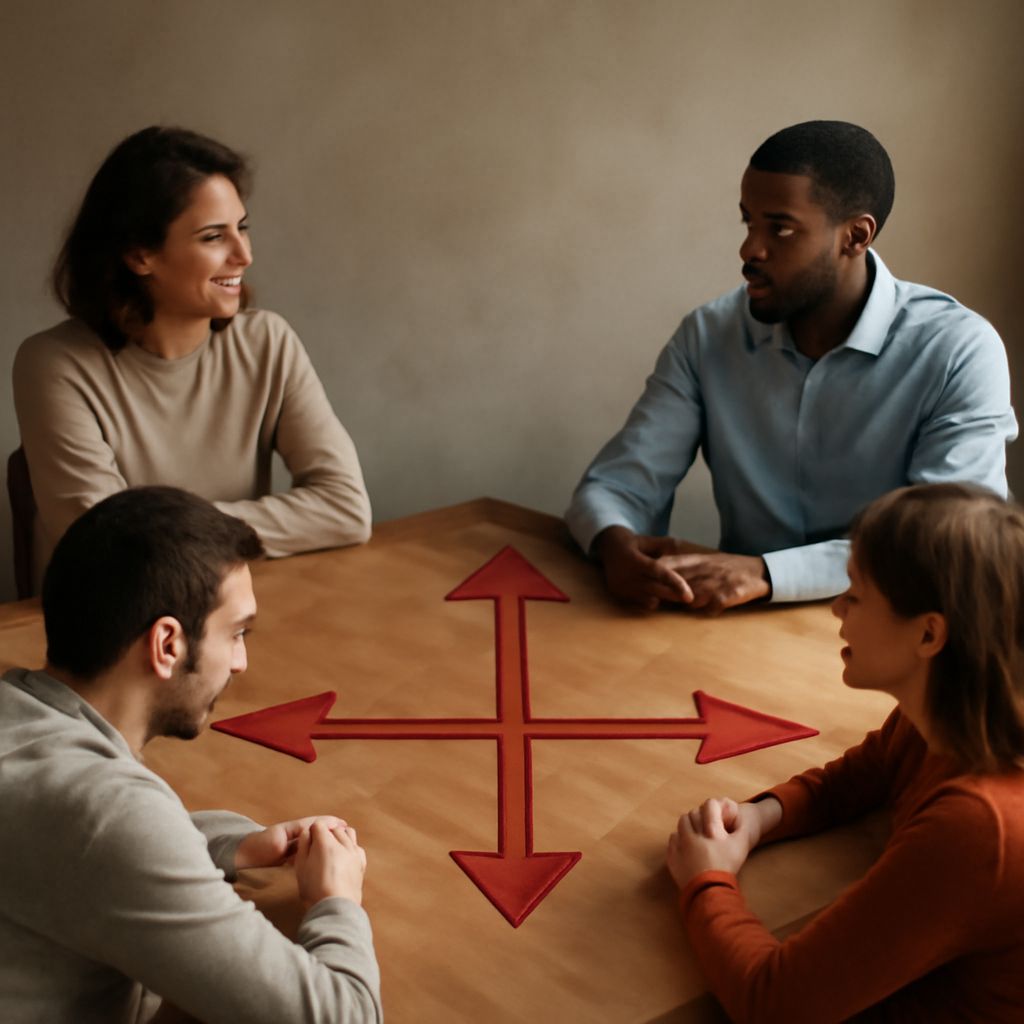 Colleagues discussing leadership roles around a table